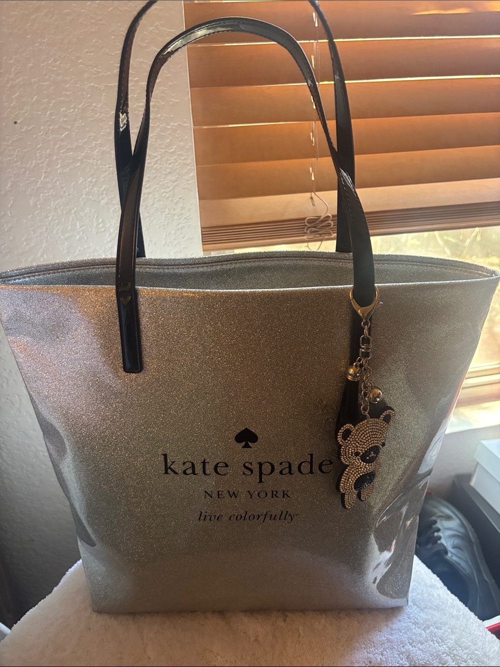 kate spade X-Large Silver Glitter Tote with Bear Charm